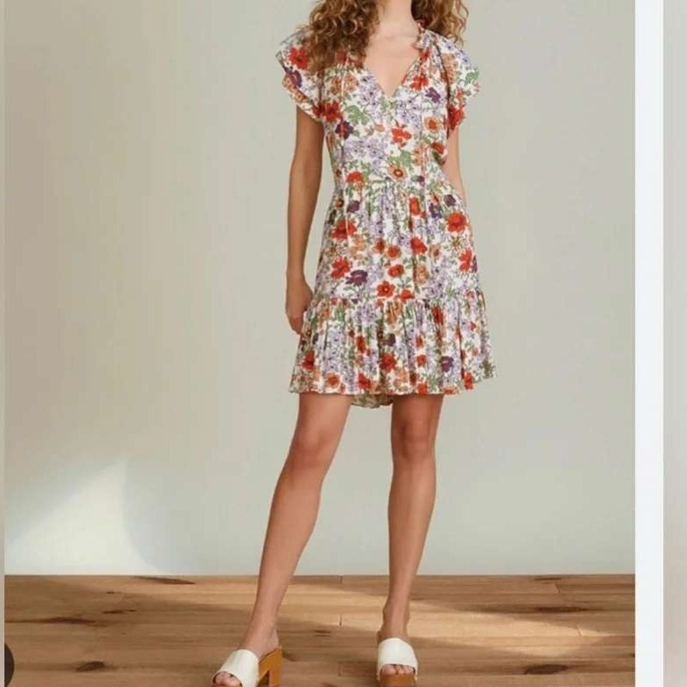 Veronica Beard Dress Women 4 Red Purple Zee Floral Tiered VNeck Cap Sleeve Mini